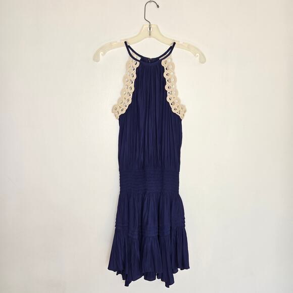 Ramy Brook Rowan Mini Dress Crochet Trim Navy Halter Top Ruffle Women XS - Picture 9 of 13